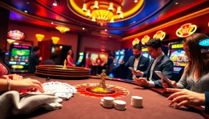 Engage with thrilling gameplay at https://f8betb1.com/, showcasing a vibrant casino atmosphere with poker and roulette.