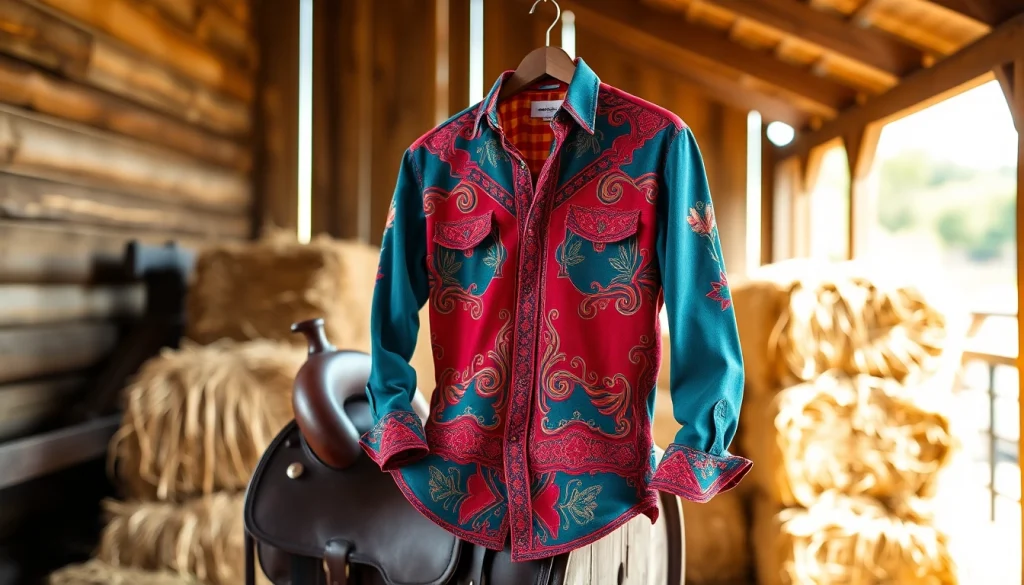 Showcasing a colorful cowboy shirt Canada on a vintage saddle, highlighting its design and craftsmanship.