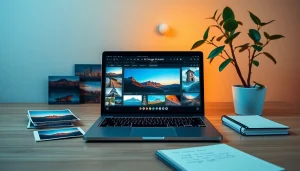 AI image to prompt generator displayed on a laptop in a creative workspace.