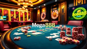 Experience the thrill of Mega888 gaming with vibrant casino visuals featuring poker tables and roulette wheels.
