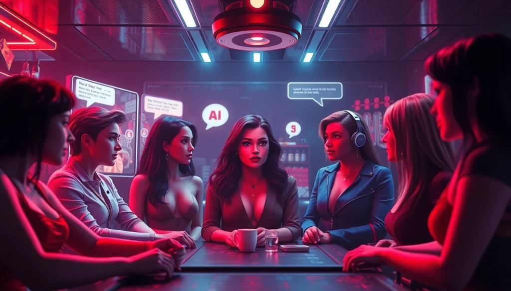 Engaging NSFW AI chatroom scene with diverse avatars and digital interactions.