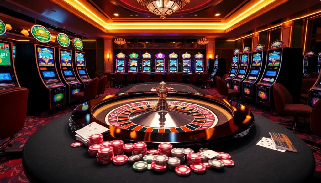 Players enjoying a lively casino atmosphere with slot machines and a roulette table at https://luckywin.fan/.