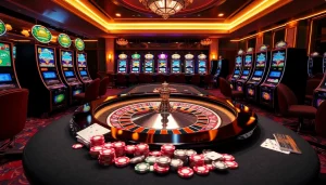 Players enjoying a lively casino atmosphere with slot machines and a roulette table at https://luckywin.fan/.
