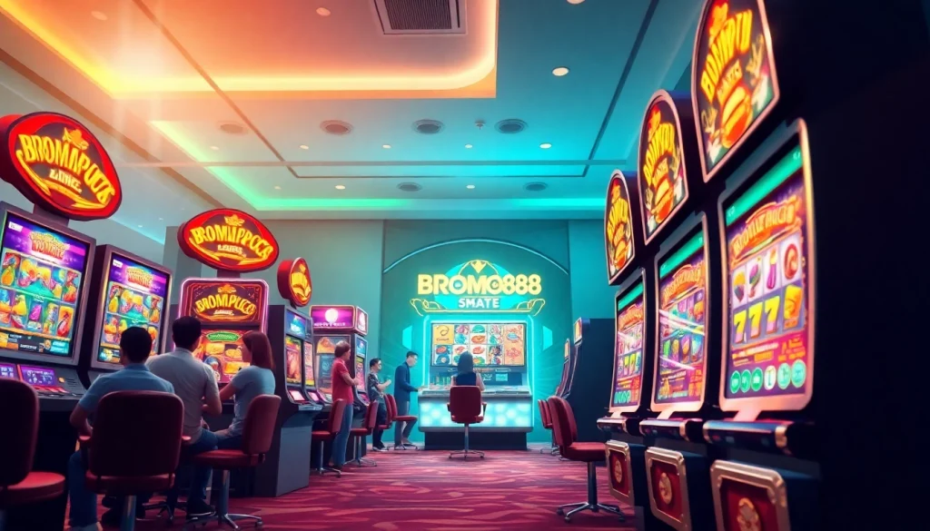 BROMO888 gaming experience featuring modern slot machines, vibrant lighting, and excited players in an engaging environment.