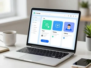 No code app builder interface on a laptop in a modern workspace with a calm atmosphere.