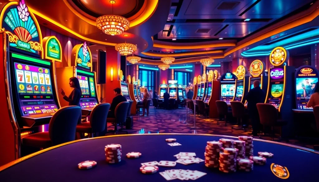 Players enjoying the JAmUslOt experience at a vibrant casino scene with slot machines.