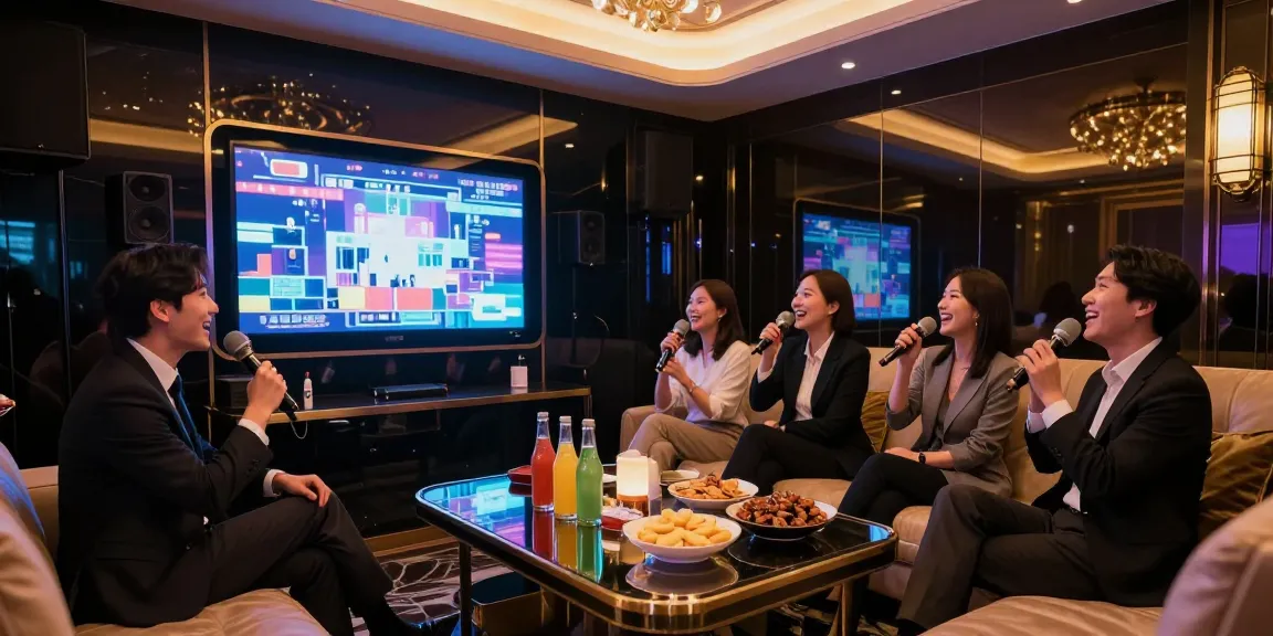 강남 가라오케에서 고급 음향 시스템과 편안한 좌석이 갖추어진 룸에서 즐거운 시간을 보내는 전문직 그룹.