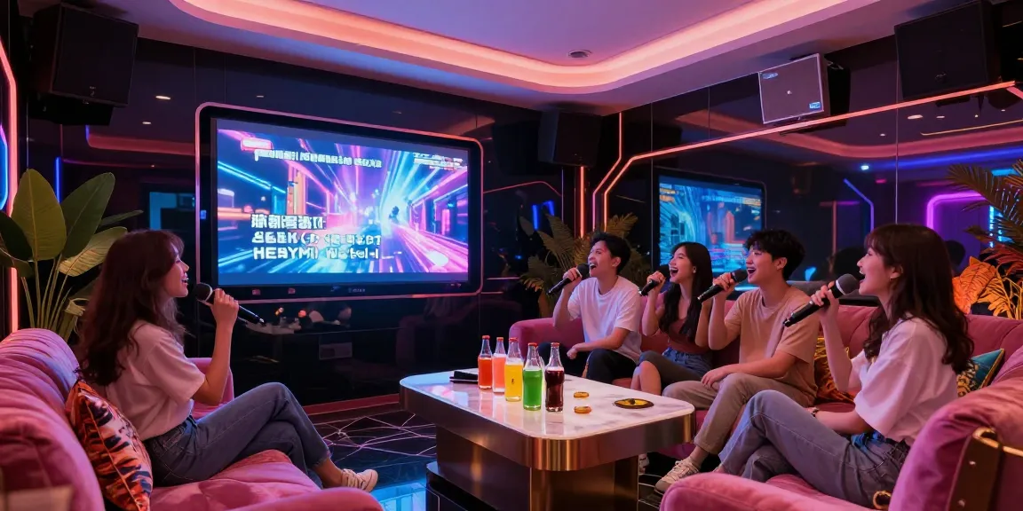 강남 가라오케의 화려한 분위기에서 즐거운 친구들과 노래를 부르는 모습
