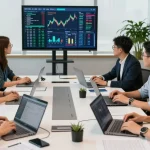 Team analyzing financial crime intelligence data in a bright corporate office