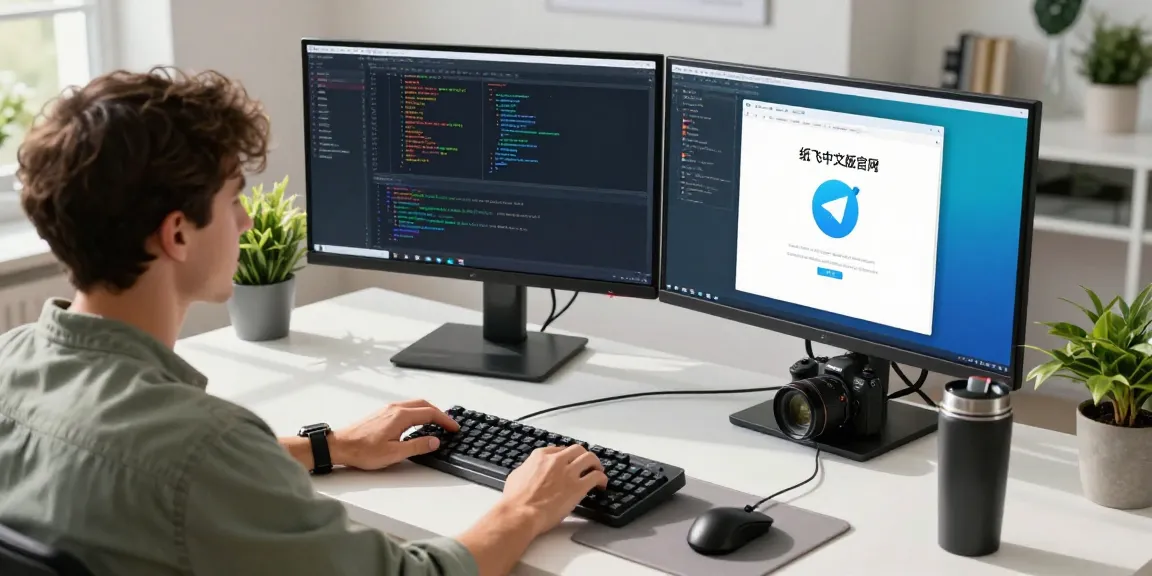 Dynamic tech workspace with a developer coding on 纸飞机中文版官网 in a modern setup, showcasing productivity and innovation.