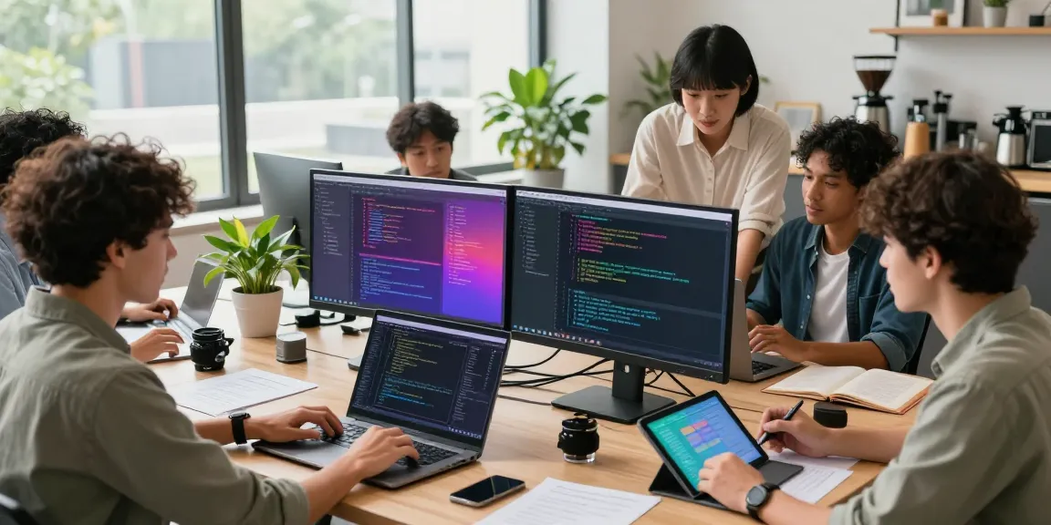 Dynamic tech workspace showcasing collaboration on 纸飞机中文版官网 app development.