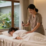 Relaxing 강남출장안마 experience with a serene spa therapist preparing a tranquil massage room.