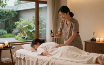 Relaxing 강남출장안마 experience with a serene spa therapist preparing a tranquil massage room.