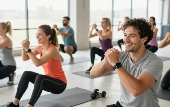 Aktivitas kebugaran dengan Fitbit Luxe di studio yang cerah, menunjukkan teman-teman berolahraga bersama secara energik sambil melacak kesehatan mereka.