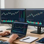 Trader analyzing mt5 market trends on dual monitors in a modern workspace.