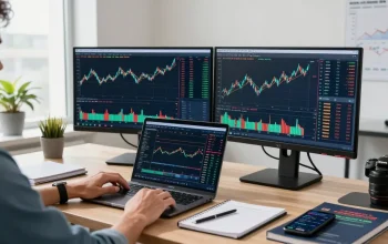 Trader analyzing mt5 market trends on dual monitors in a modern workspace.