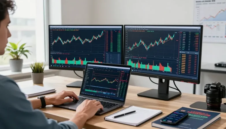 Trader analyzing mt5 market trends on dual monitors in a modern workspace.