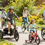 Experience the joy of riding the best electric tricycles in a vibrant park scene with families and diverse models.