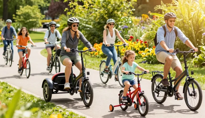 Experience the joy of riding the best electric tricycles in a vibrant park scene with families and diverse models.