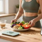 Health-conscious individual using the best calorie tracking apps while preparing a balanced meal in a bright kitchen.