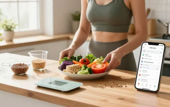 Health-conscious individual using the best calorie tracking apps while preparing a balanced meal in a bright kitchen.