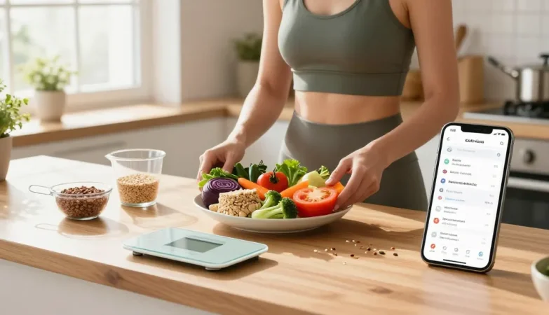 Health-conscious individual using the best calorie tracking apps while preparing a balanced meal in a bright kitchen.