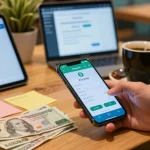 Un usuario paga factura etb desde su smartphone en un ambiente acogedor de café.