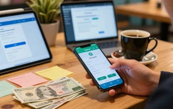 Un usuario paga factura etb desde su smartphone en un ambiente acogedor de café.