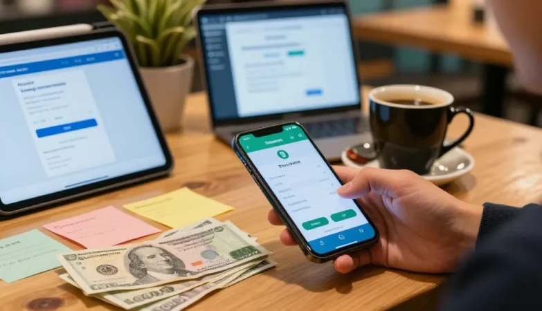 Un usuario paga factura etb desde su smartphone en un ambiente acogedor de café.