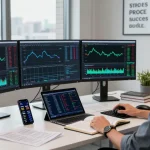 MetaTrader 4 displayed on multiple monitors in a modern trading office, highlighting charts and analytical tools for Forex trading.