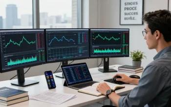 MetaTrader 4 displayed on multiple monitors in a modern trading office, highlighting charts and analytical tools for Forex trading.