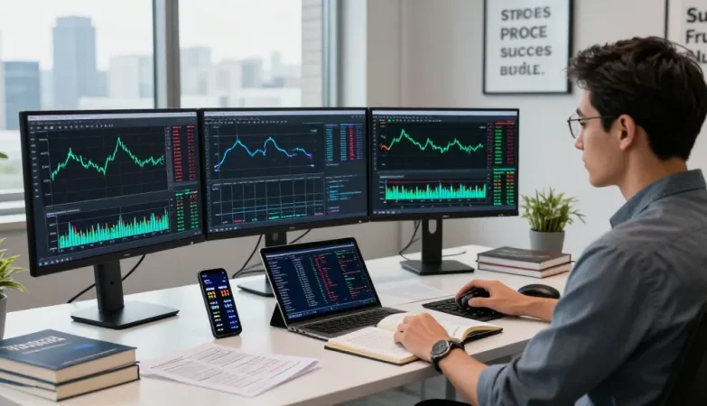 MetaTrader 4 displayed on multiple monitors in a modern trading office, highlighting charts and analytical tools for Forex trading.